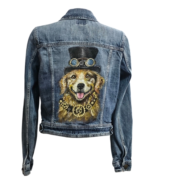 Handpainted Steampunk Dog On A Denim Jean Jacket - Picture 2 of 5